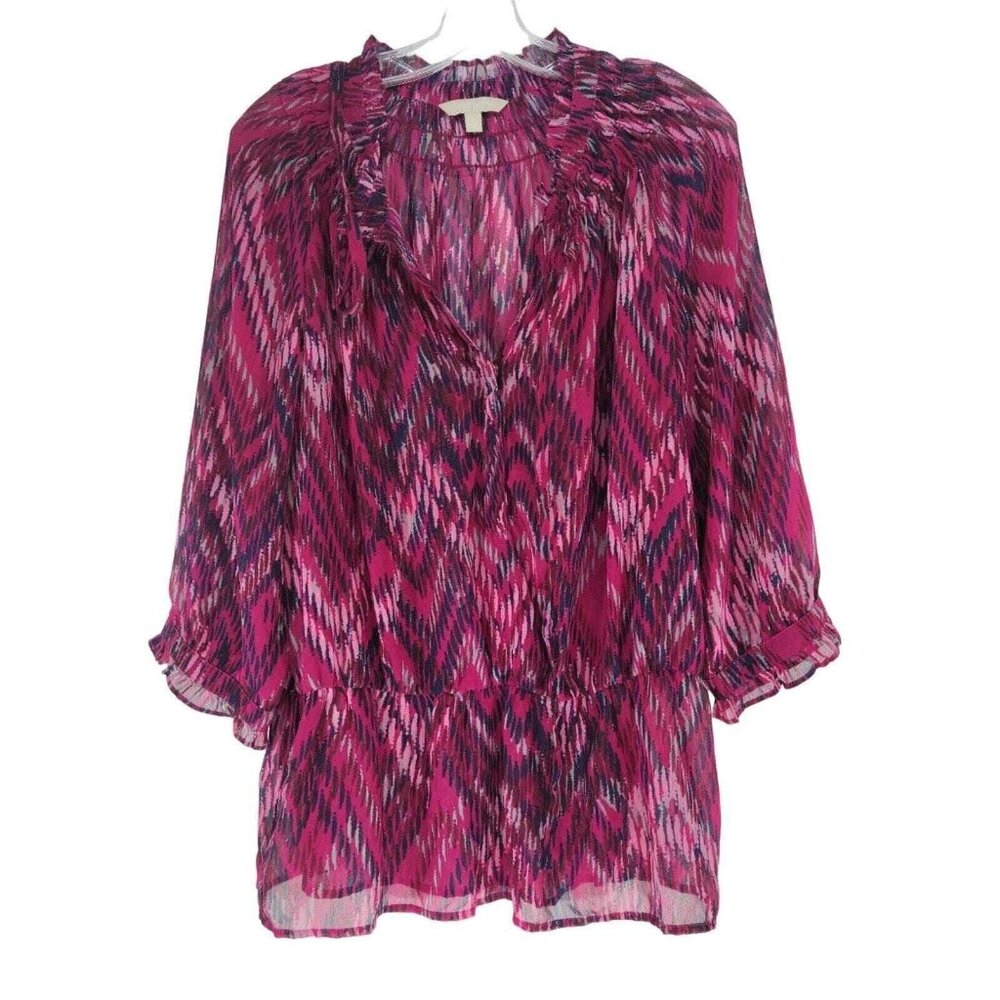 Banana Republic Shear Rasberry gathered Sleeve Snap & Tie front Blouse‎ S Large